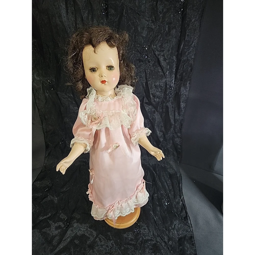 Vintage 17 Inch Hard Plastic Walker Doll Brown Hair Green Eyes